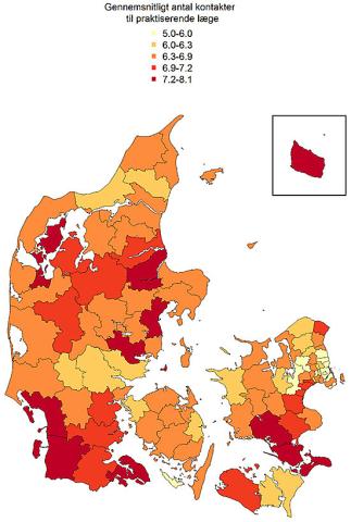 Brug af praktiserende læge varierer meget landet over. Kilde: Statens Institut for Folkesundhed.