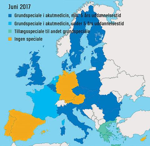 Kort over de 28 EU-lande med og uden akutspeciale som fastlagt i EU's direktiv 2005/36/EF af 7. september 2005.
Bringes efter tilladelse fra Prof. Wilhelm Behringer, Universitätsklinikum Jena