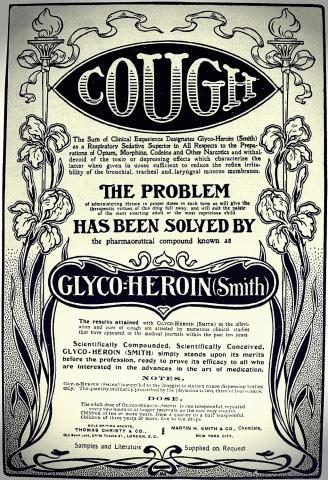 Ved hoste anbefaler heroin-annoncen fra Smith en dosis  på en teskefuld hver anden time - og det halve til børn.