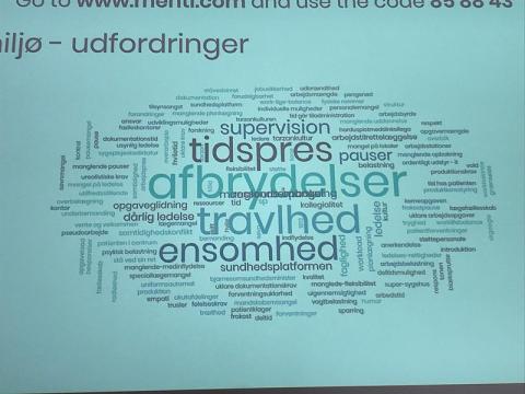 I en 'word cloud' på storskærm sender alle medlemmer af repræsentantskabet i Yngre Læger fem ord op om dét, der trykker i forhold til arbejdsmiljø. De fremhævede ord er dem, der er nævnt flere gange. Foto: Yngre Læger.