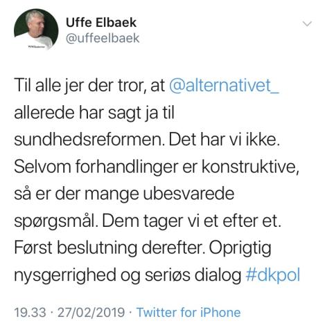 Alternativet er endnu ikke afklarede i forhold til sundhedsreformen.