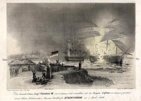 Eksplosionen, da flammerne når krudtmagasinet på linjeskibet Christian VIII i tysk gengivelse. Tysk flyveblad 1849.