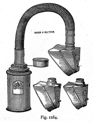 Foto: The Wellcome Collection - Den engelske læge John Snows æterinhalator med fleksibel slange og fløjlsforede ansigtsmasker i tre størrelser. Var i brug i 1847-1870. Illustration i udstyrskatalog.