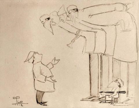 Stuegang på Marinelazarettet, tegnet i 1918 af influenzapatient Olaf Pio på 20 år. Han havde også tuberkulose og døde i foråret 1919. T.v. overlæge Holger Rasmussen, der manuducerer de yngre læger. Nederst t.h. en stud.med., der noterer. Fra læge Arthur Mårtenssons fotoalbum, Dansk Sygeplejehistorisk Museum.