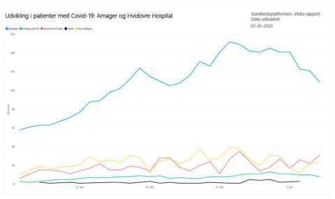 Antal af covidindlagte på Amager og Hvidovre Hospital – dvs. Hvidovre Hospital, Amager Hospital og Medicinsk Afdeling på Glostrup Hospital fra december til 7. januaer. Kilde: Hvidovre Hospital.