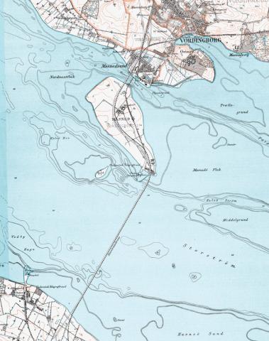 Udsnit af de ene af to målebordsblade fra ca. 1939, som Olaf Halvorsen ville købe og dermed vakte politiets mistanke. Udsnittet viser Storstrømsbroen. Foto: Kortforsyningen.dk