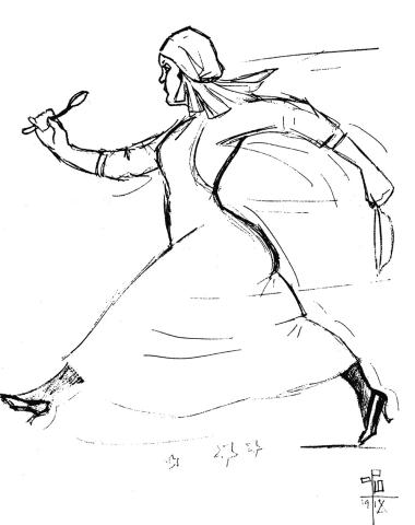 Olaf Pios tegning af en travl sygeplejerske eller hjælpeplejerske på Marinelazarettet (Arthur Mårtenssons fotoalbum, Dansk Sygeplejehistorisk Museum).