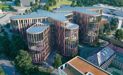 Prospekt af BørneRiget, som skal ligge, hvor Rockefeller-komplekset ligger i dag. Byggeriet begynder i 2020 og skal efter planen stå klart i 2024. Det bliver på otte etager og kommer til at rumme 193 senge (grafik: BørneRiget).