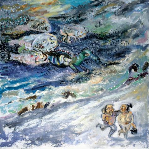 Det var et varsel om en kommende piteraq – et lunefuldt og voldsomt vindfænomen – og skipper meldte omgående afgang. Ellers kunne vi risikere at blive liggende i mange dage. (maleri: Hans Lynge).