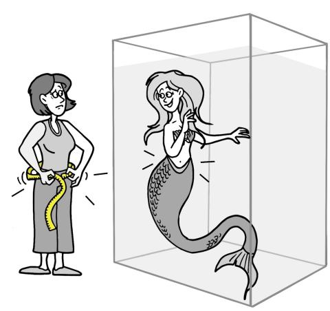 Billedet illustrerer, hvorledes havfruen i sit naturlige habitat er betydeligt slankere end mennesker ved jordoverfladen.