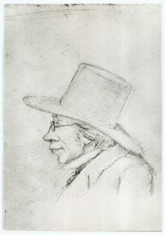 En ældre og nok mere realistisk gengivelse af Søren Kierkegaard tegnet af xylografen Hans Peter Hansen (1829-1899) (Det Kgl. Bibliotek).