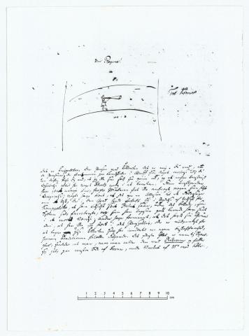 Et udateret brev fra 1840 til Søren Kierkegaards berømte forlovede, Regine Olsen (1822-1904). Tegningen afbilder, som brevteksten afslører, Kierkegaard på Knippels Bro med en kikkert for øjet (Det Kgl. Bibliotek).